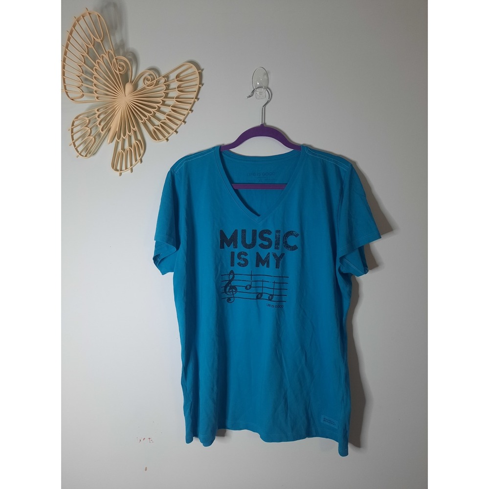 Life is Good Womens Crusher Tee XL Blue Music Is My Life V-Neck T-Shirt NWT